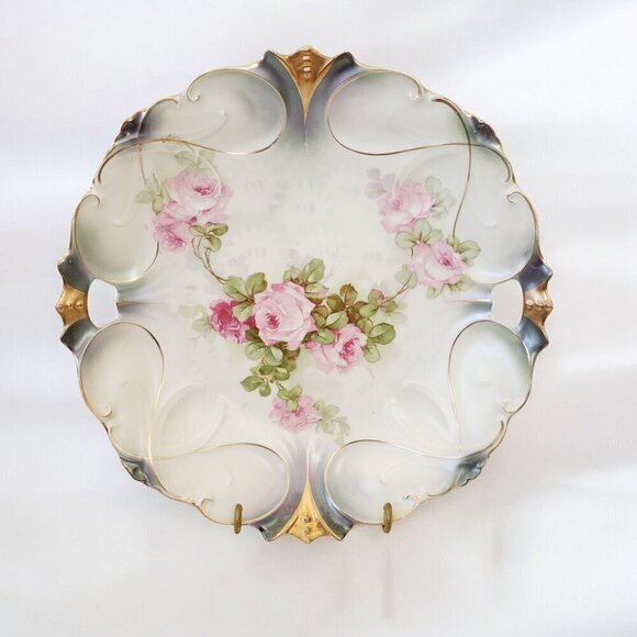 Vintage Cake Plate Iridescent Lusterware Finish Pink Roses Scalloped Gil… - Picture 1 of 9